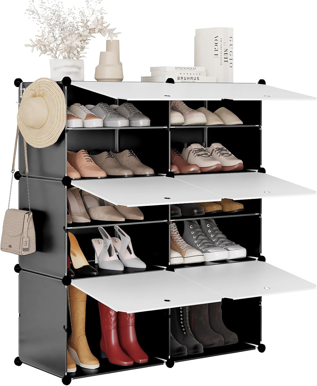 Étagère à chaussures Woltu à 6 compartiments - Meuble de rangement pour 24 paires de chaussures - Blanc/Noir - 94 x 36,5 x 109 cm