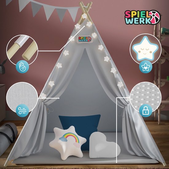 Spielwerk Tente de jeu - LED 3 coussins tendeurs 130x130x160cm - Gris