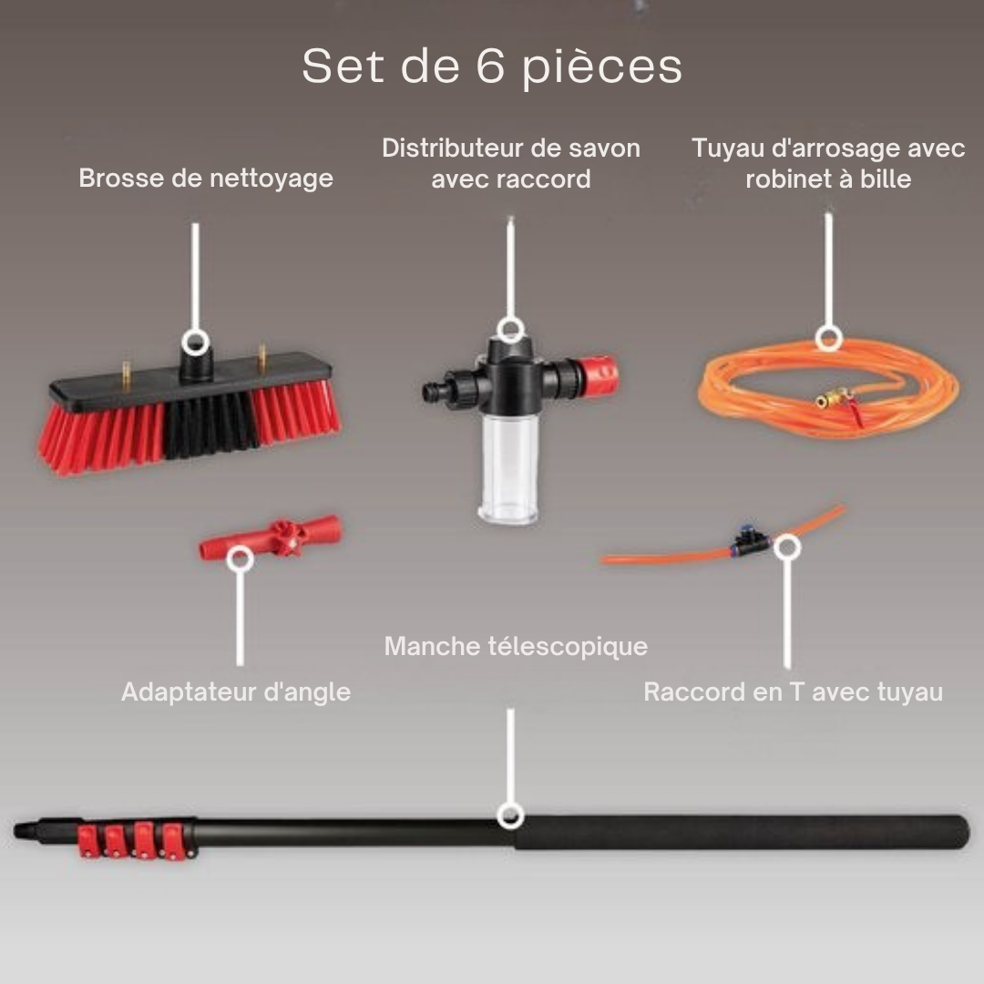 Brosse à laver télescopique Shine - Jusqu'à 7 mètres - 5 pièces avec distributeur de savon - Rouge/Noir