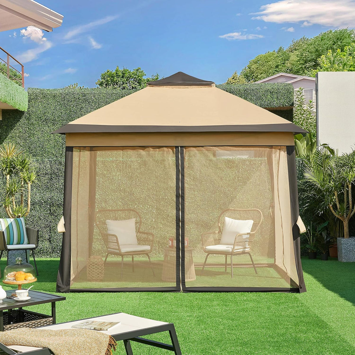 Pavillon pop-up Yaheetech 3,3 × 3,3 m avec 4 parois latérales en filet et sac de transport, couleur kaki/marron