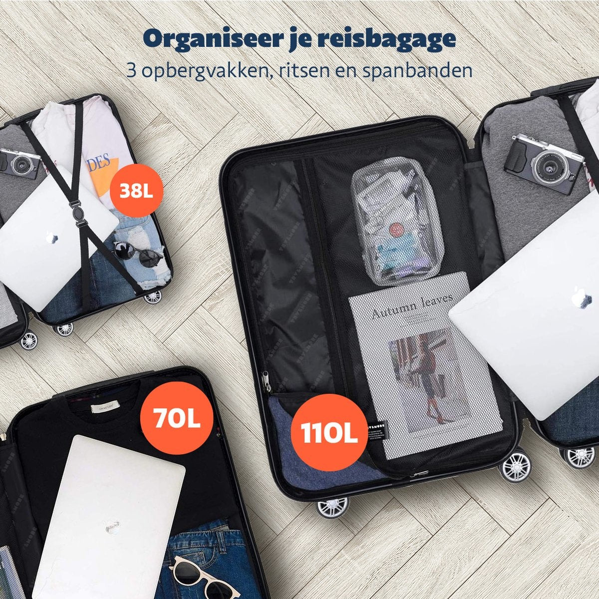 Set de valises TRVLMORE - 3 pièces - 38L + 70L + 110L - Bleu foncé