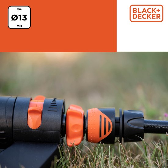 BLACK+DECKER Coupleur de tuyau d'arrosage 1/2'' - Tuyaux d'arrosage ⌀13mm - Arrêt d'eau intégré - Plastique - Noir/ Orange