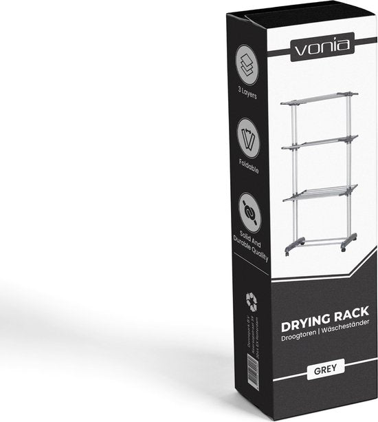 Vonia Tour de séchage - Étagère de séchage - Étagère de linge - Tour de linge - 3 couches - Pliable - 72x50x172 cm - Gris