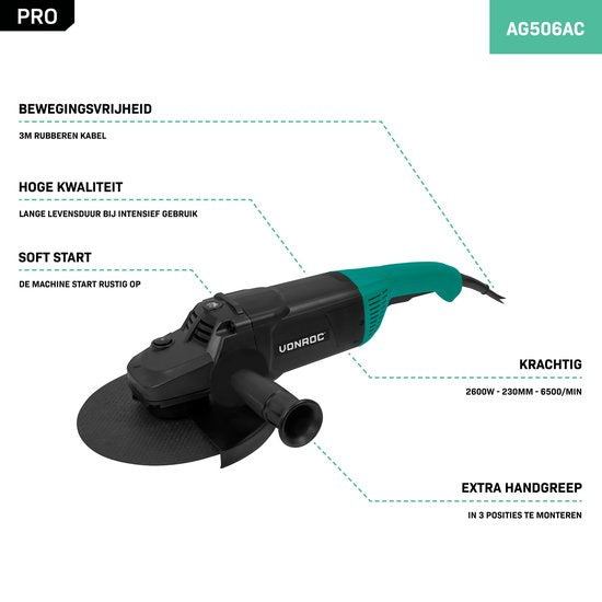 VONROC PRO Meuleuse d'angle - 2600W - Ø230mm - démarrage progressif - pour la pierre, le béton et l'acier - poignée latérale incluse - câble de 3 mètres