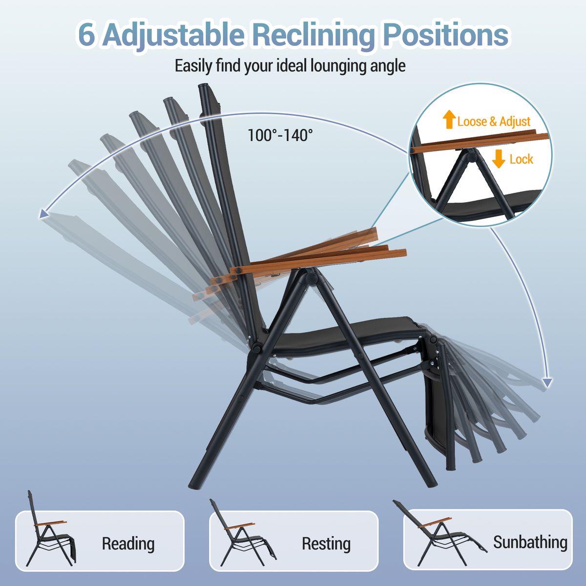 Ensemble de 2 chaises longues pliantes Coast - Dossier réglable - Accoudoirs - Noir