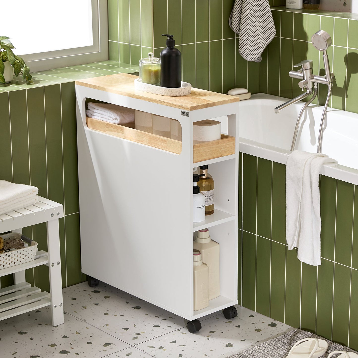 SoBuy BZR54-II-WN Étagère étroite avec 3 tiroirs, plateau amovible et roulettes - 23 x 82 x 65 cm - Blanc