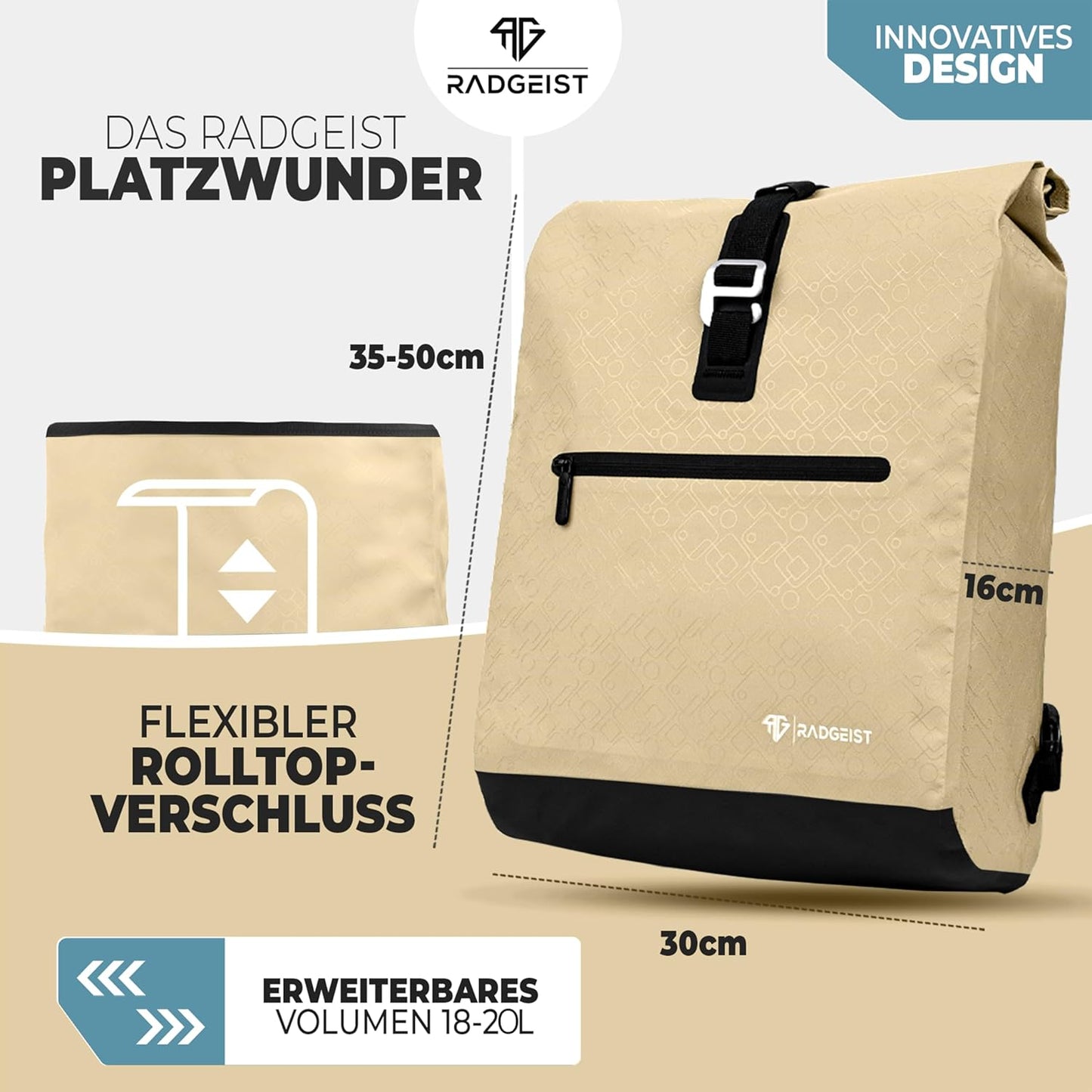 RADGEIST sac à vélo pour porteur I sac à vélo & sac à dos I sac à vélo pour femmes & hommes I sac à bandoulière & sac à vélo pour vélo 20L sable