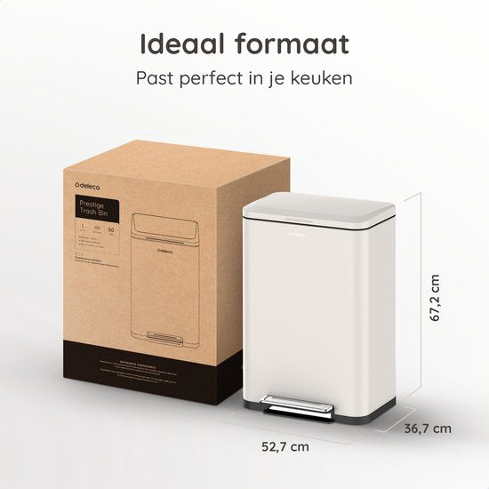 Deleca Poubelle Prestige - 50 Litres - Large - Acier inoxydable Poubelle / Corbeille à papier / Poubelle à pédale - Avec pédale et fermeture lente - Blanc crème
