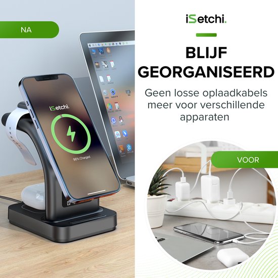 iSetchi MagSafe 5-in-1 Wireless Charger (15W USB-C fast charger) - Avec lampe LED, horloge numérique et fonctions d'alarme - Convient pour iPhone, Apple iWatch et Airpods - Station Qi sans fil - Chargeur GSM