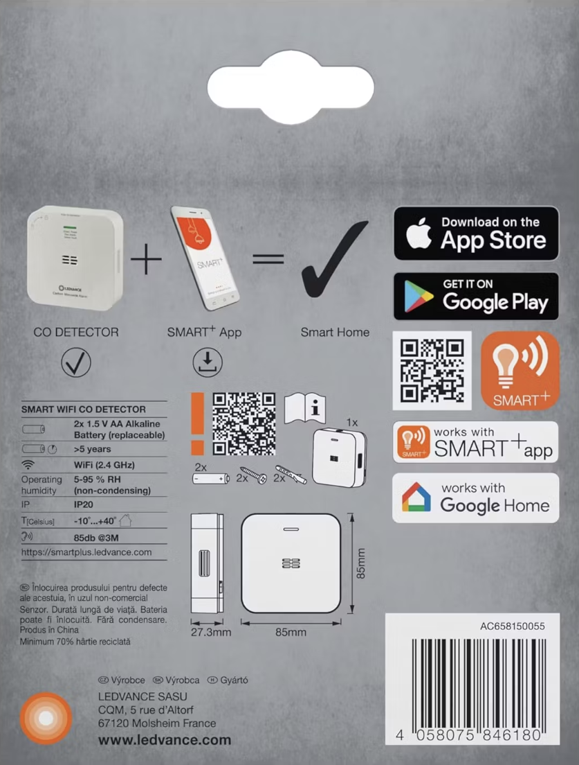 Ledvance Smart+ Wifi détecteur de monoxyde de carbone - blanc - 85x27x85 mm - compact et intelligent