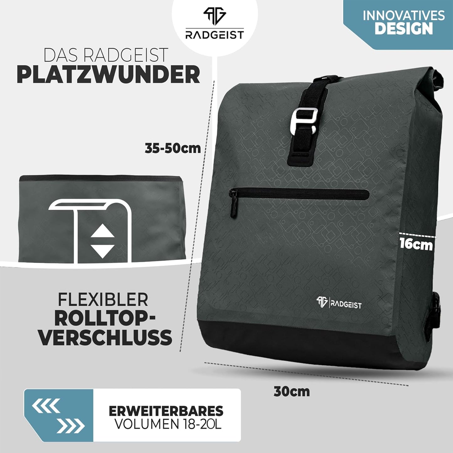 RADGEIST sac à vélo pour porte-bagages I sac à vélo et sac à dos I sac à vélo pour femmes et hommes I sac à bandoulière et sac à vélo 20L anthracite