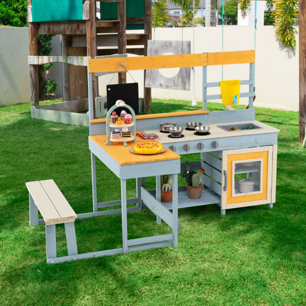 Cuisine jouet Coast pour enfants - Cuisine jouet et coin repas 2-en-1 - avec rangements et accessoires - gris - 150 x 71 x 99 cm