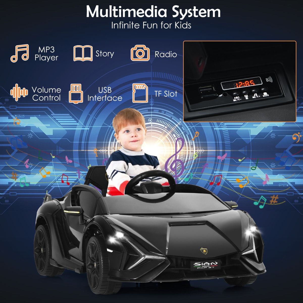 Voiture électrique pour enfants Coast - Télécommande 2,4 GHz - Phares LED et musique - noir