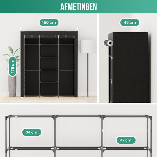 Avalo Armoire en tissu pliable XXL - 150x45x175 CM - Armoire - Armoire de chambre - Noir