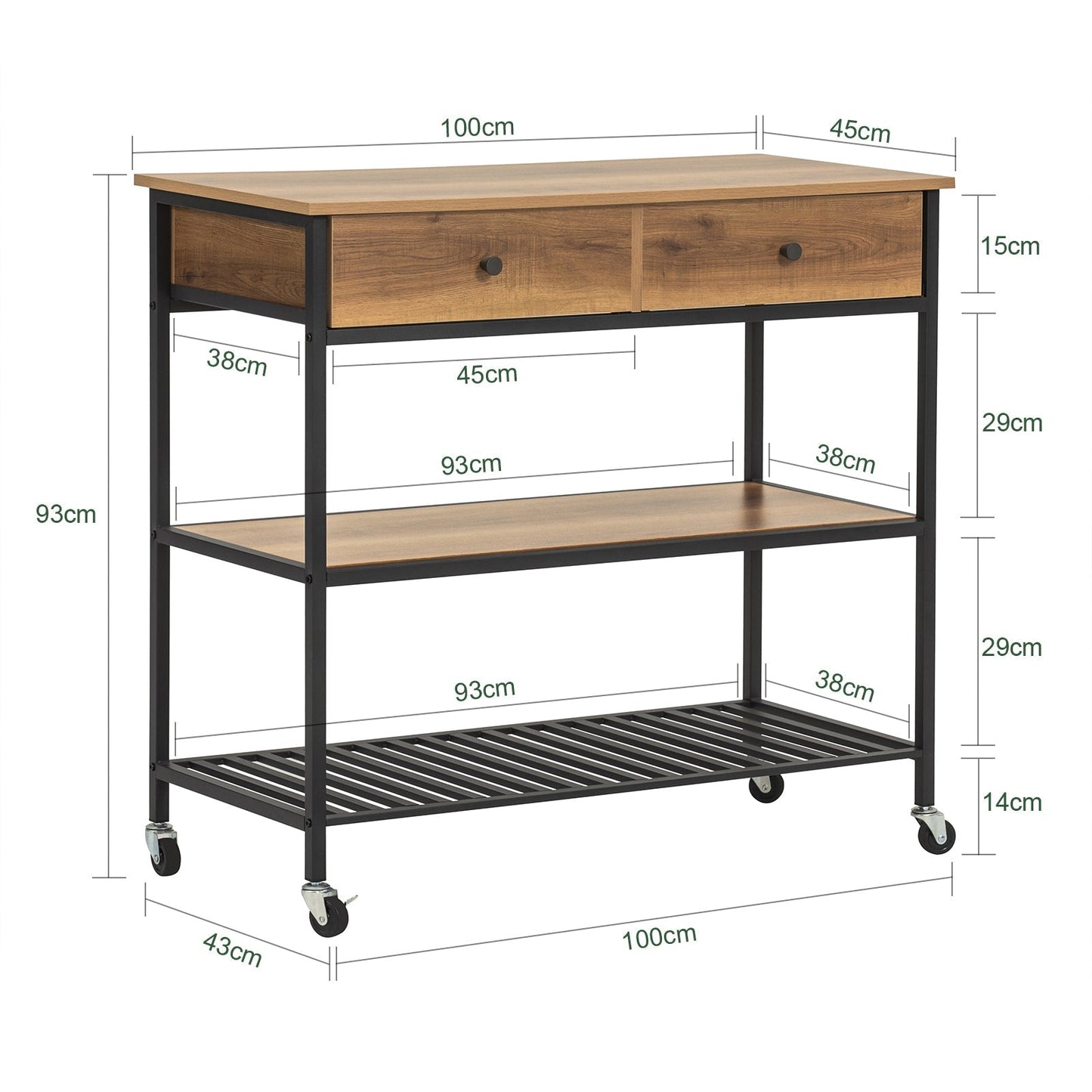 SoBuy Chariot de cuisine sur roulettes avec 2 tiroirs et 2 étagères - 100x45x93 cm - Max. 60KG - Couleur bois foncé
