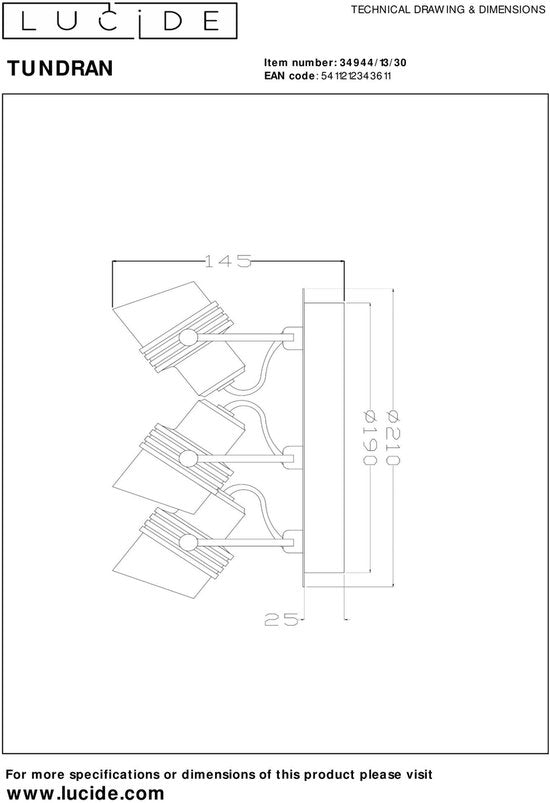 Lucide TUNDRAN - Spot de plafond (lampe de plafond) - Ø 21 cm - 3xGU10 - Noir