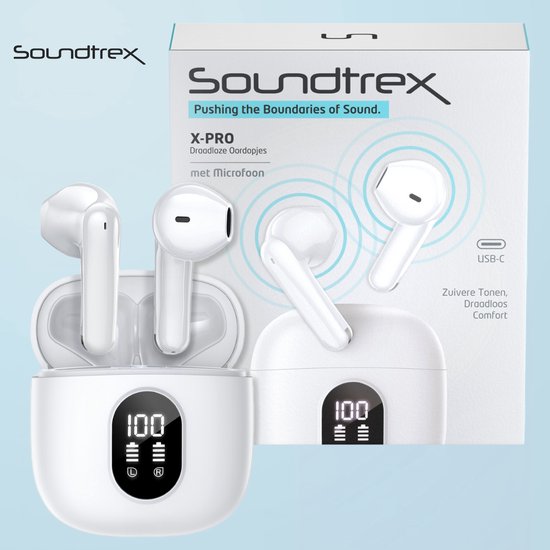 Soundtrex X-Pro Wireless Earphones - Ecouteurs Bluetooth - Earpods sans fil - Ecran LED - Bluetooth 5.3 - Blanc