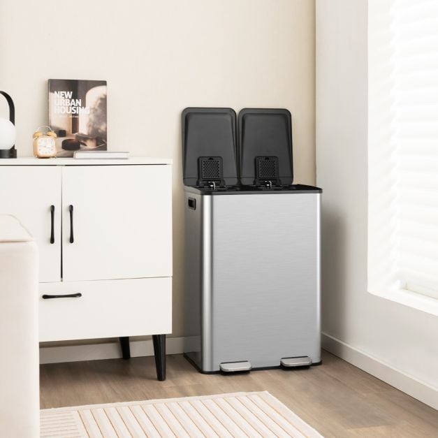 Coast Trashcan Black/Silver - Poubelle à 2 niveaux avec pédales de fermeture douce - 2 x 30L