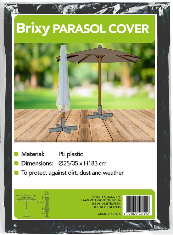 Brixy Housse de parasol - Jusqu'à Ø300cm - Imperméable - Rond et carré - 183 x 35 x 25cm - Cordon de serrage - Debout - Noir