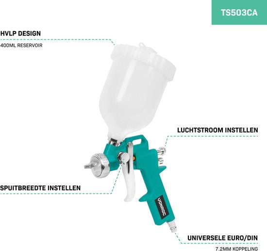 VONROC Air tool set - 4-piece - Tyre pump, air gun, paint sprayer and 5m spiral hose - Universal EURO/DIN 7.2mm coupling