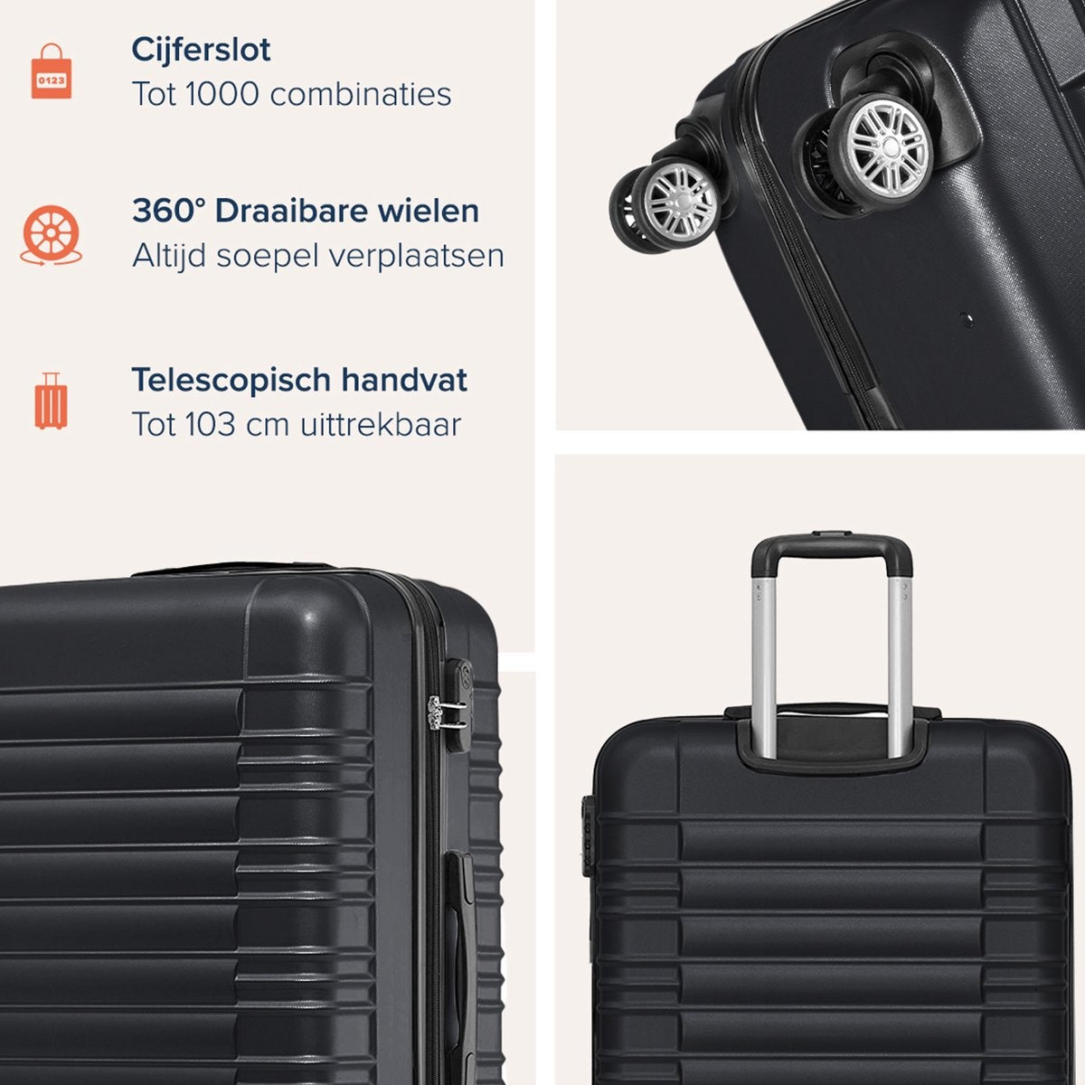 Set de valises -TRVLMORE - 3 pièces - 38L (bagage à main) + 70L + 110L - Noir