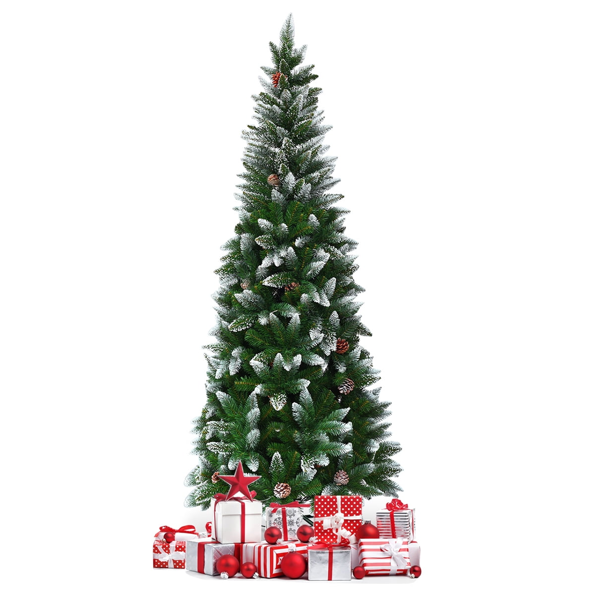 Coast Snowy Slim Artificial Christmas Tree Green/White - 64 x 183 cm - Avec 630 pointes de branches et 29 pommes de pin