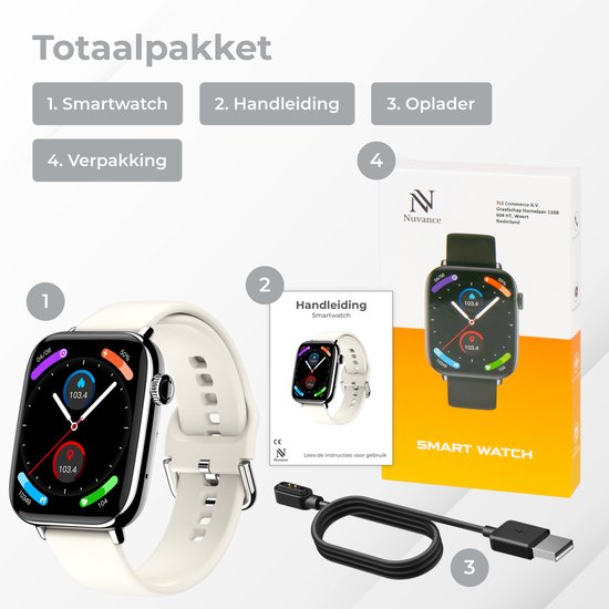 Nuvance - Smartwatch Hommes et Femmes avec Bluetooth - IP68 Waterproof - Convient à tous les Smartphones - Podomètre et moniteur de fréquence cardiaque - Argent