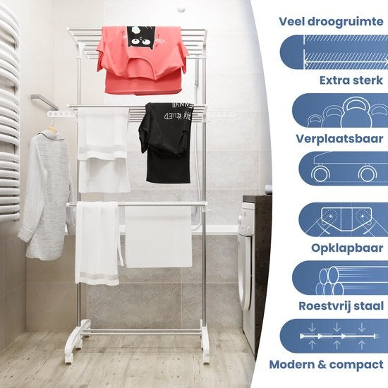 Avalo Clothes Rack - Tour de séchage à roulettes - 4 niveaux - pliable - blanc