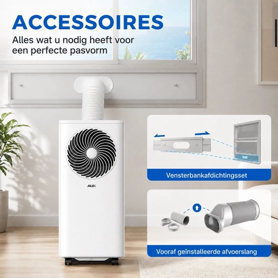 Climatiseur mobile AUX 3-en-1 7 000 BTU (jusqu'à 30 m²), classe énergétique A, Wi-Fi et télécommande, 4 modes, auto-amortissement, R290, support de fenêtre inclus