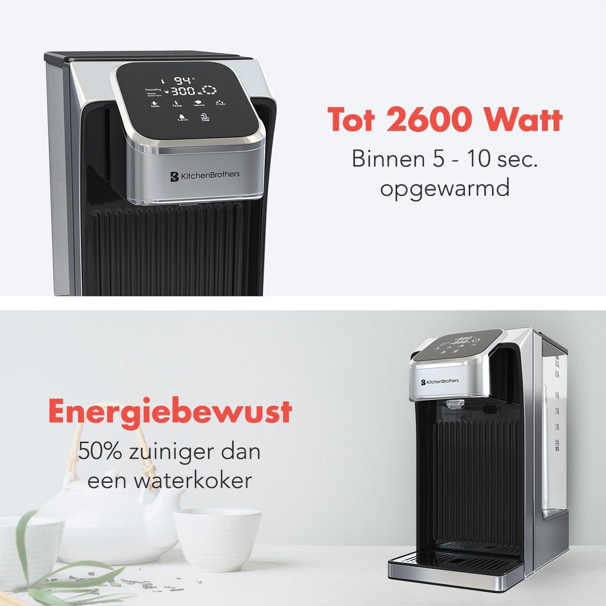 Distributeur d’eau chaude instantanée - KitchenBrothers - 2,7 L - Écran tactile LED - Température réglable 40 à 100°C - Acier inoxydable/Noir