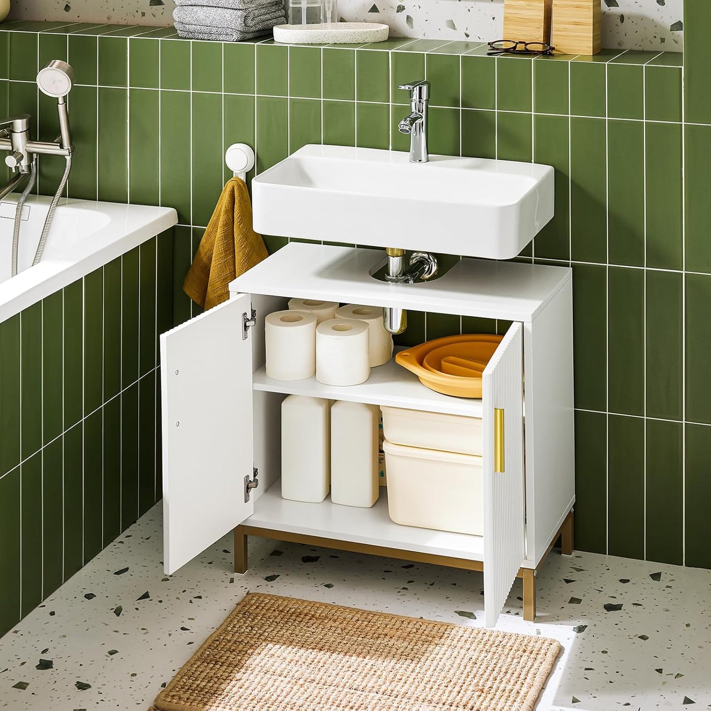 SoBuy Salle de bain Meuble bas 60x30x59 cm - Blanc - Meuble sous-vasque avec 2 portes et 2 étagères - Modèle BZR179-W