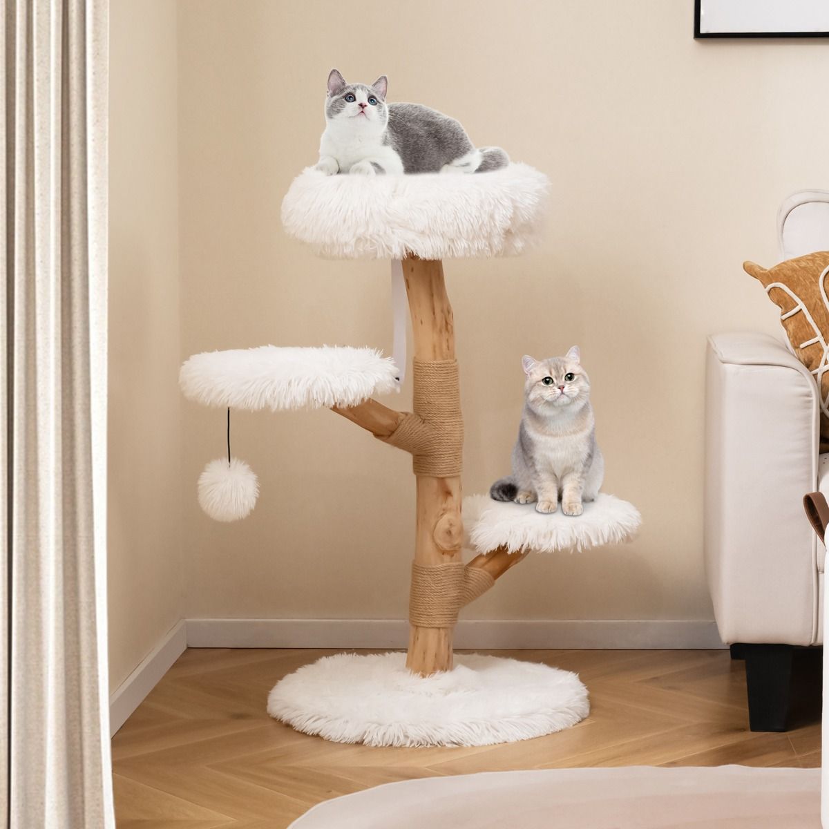 Arbre à chat Coast en bois de poirier massif 90 cm - Tour pour chat avec perchoir - Blanc