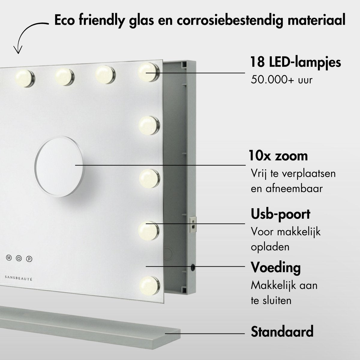 Sansbeauté® Hollywood Mirror 58x43 cm - Miroir de maquillage - 15 lampes LED - grossissement 10x - dimmable - port de charge USB - Touch Control - noir