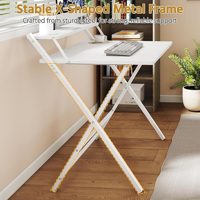 Bureau pliable Yaheetech 80 x 50 cm - Blanc - Bureau d'ordinateur avec support d'écran et étagère de rangement