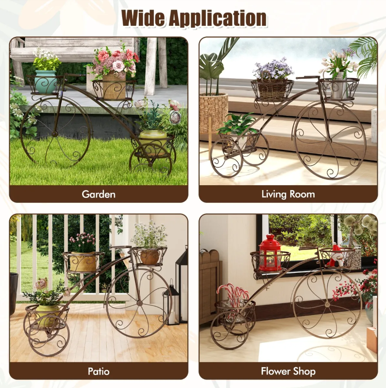 Coast Three-Whelleled Plant Stand 85x25x50 cm - Support à fleurs en métal à 3 couches en bronze - Pour l'intérieur et l'extérieur