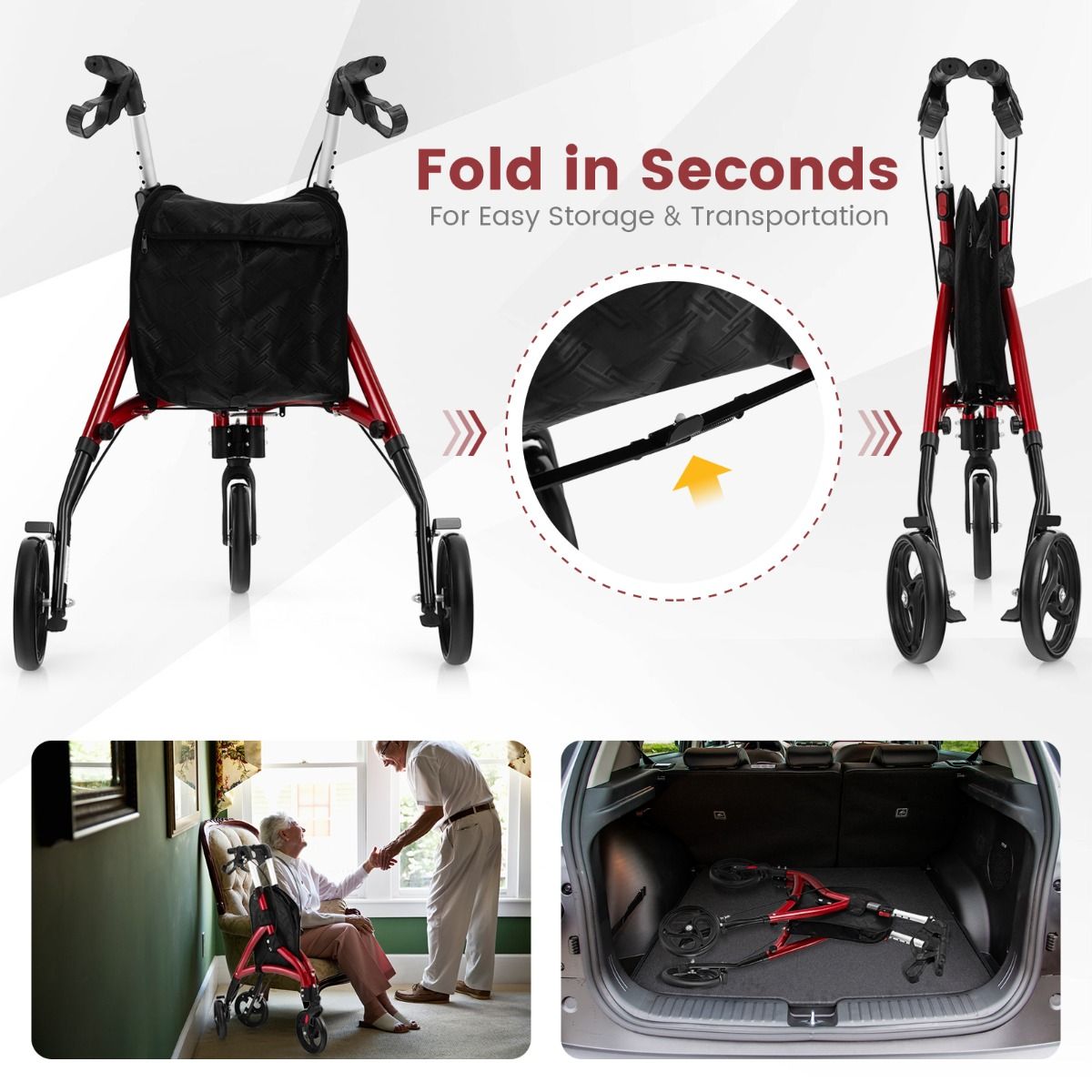 déambulateur côtier pour seniors - rollator pliable rouge - châssis aluminium - 78x67.5x86-96 cm - roues de 20 cm