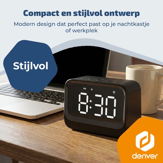 Réveil numérique Denver - Haut-parleur Bluetooth - Double alarme - Ecran LCD - EC54B - Noir