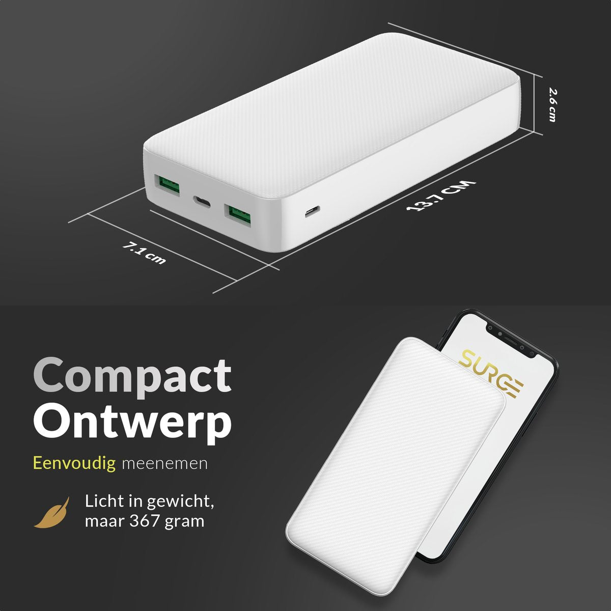 Surge Powerbank 20 000 mAh White - Quick Charge 4.0 & PD - Chargement rapide de 3 appareils simultanément