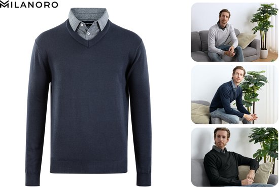Pull-over à col chemise Milanoro pour hommes - Gris clair - Taille XXL - Coupe élégante