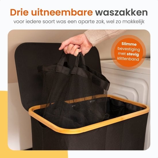 Goliving Trieur de linge 3 boîtes - 150L - Panier à linge pliable avec couvercle - 3 sacs amovibles avec étiquettes de couleur - 57 x 37 x 66 cm - Noir