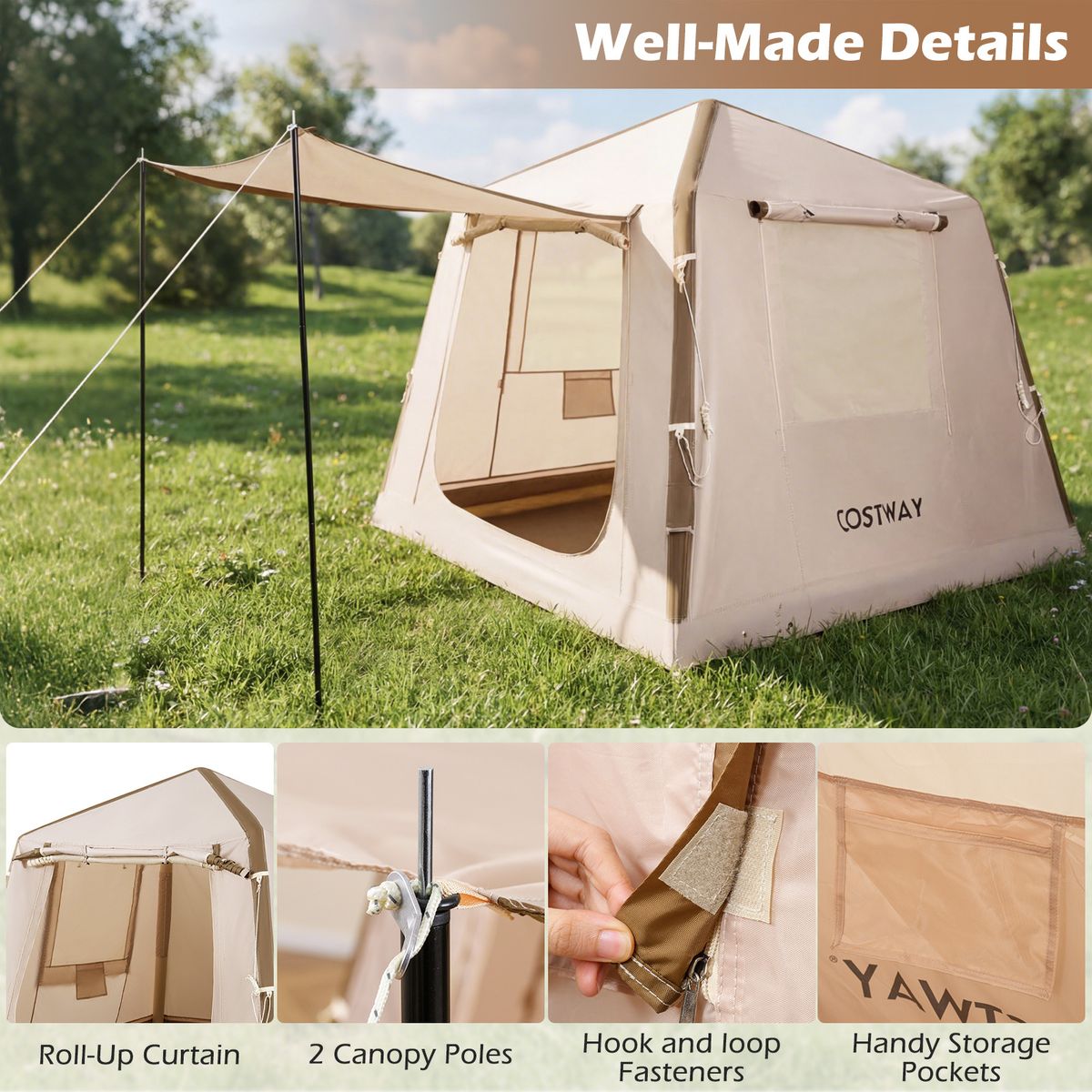 Tente de camping gonflable Coast - 2 à 4 personnes - Pompe et sac de transport inclus - Kaki - 210 x 210 x 180 cm