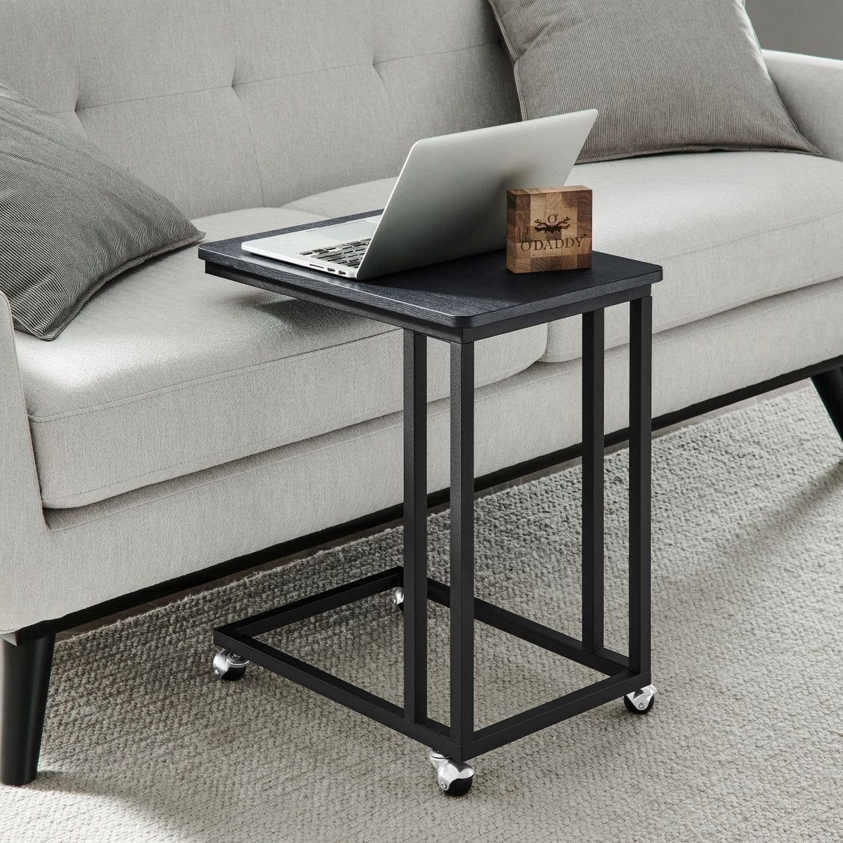 O'DADDY® Table d'appoint - tables d'appoint - table d'appoint en métal et bois - table d'appoint - tables basses - table d'appoint noire - table de chevet à roulettes - table d'appoint à roulettes - table d'appoint - tables d'appoint à roulettes - 50 x 35