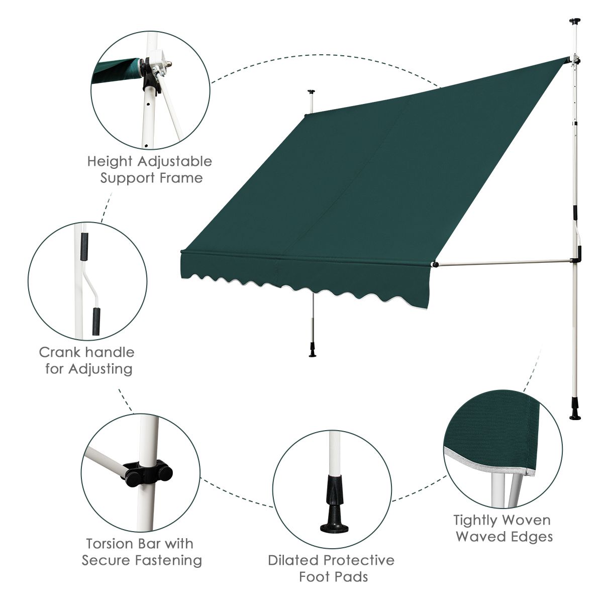 Store côtier 300 x 120 cm Vert - Réglable en hauteur et actionnable manuellement