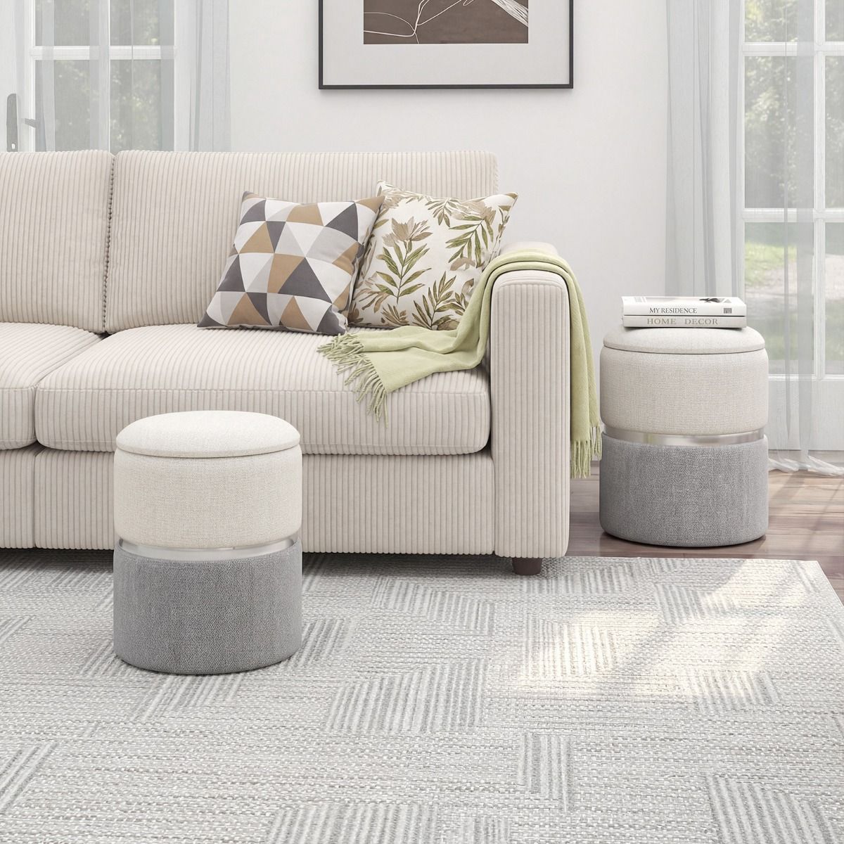 Ensemble de poufs de rangement Coast - lot de 2 poufs ronds - tissu en lin - anneau décoratif argenté - beige et gris