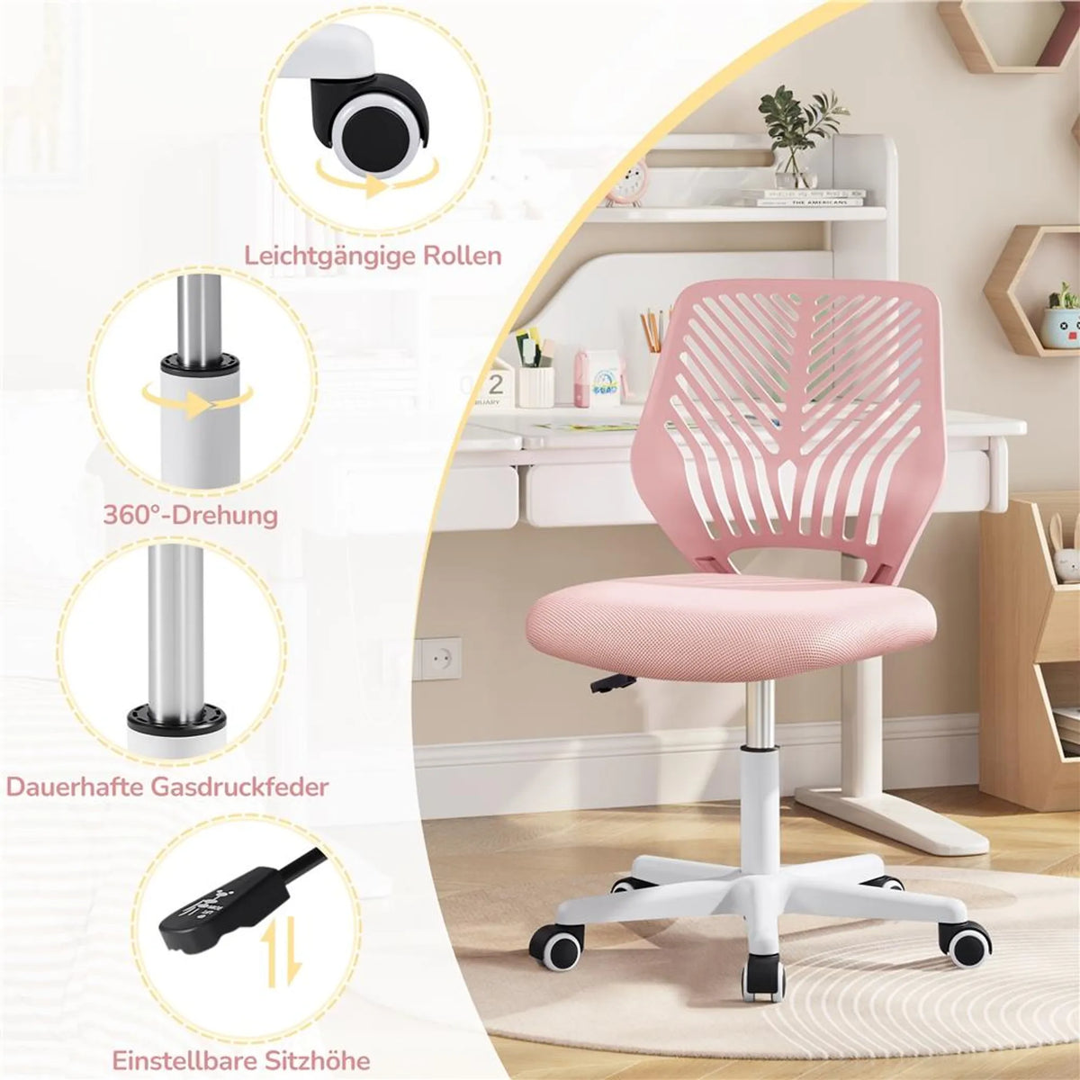 Chaise de bureau sans accoudoirs, réglable en hauteur et pivotante à 360°, rose pâle