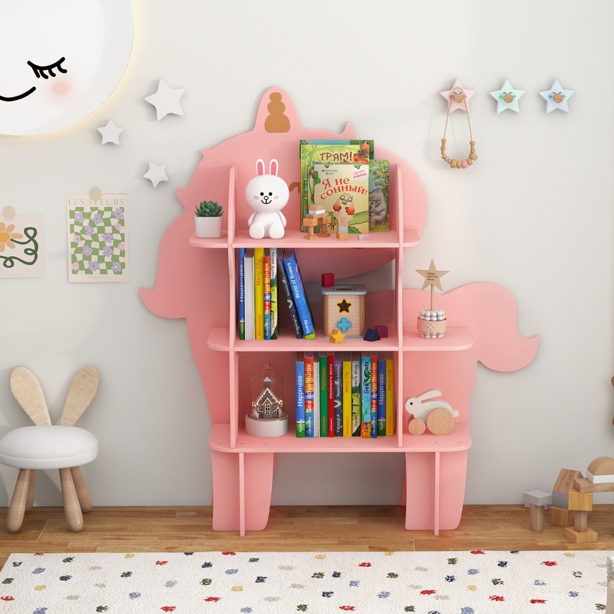 Coast Children's Rack - 123×31×130 cm - Rack à jouets en bois avec 3 étagères ouvertes - Rose