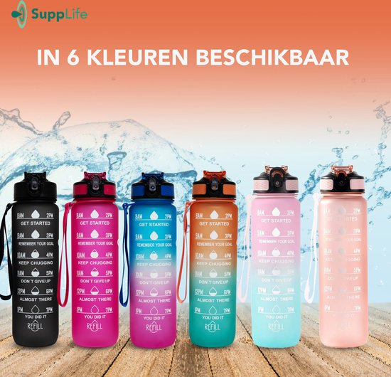 Gourde motivante Supplife - Gourde de 1 litre - Gourde avec repères horaires - Avec paille - Adultes - Enfants - Bleu et rose