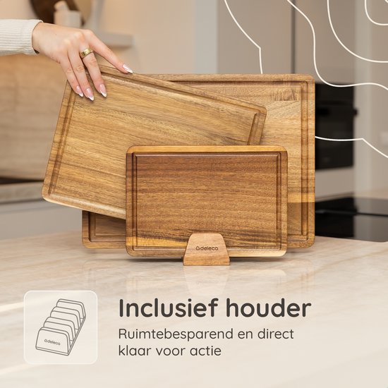 Deleca 3-Piece Cutting Board Set Seville with Holder - Planches à découper (40x30 | 33x24 | 26x18 cm) - Pour la cuisine, planche à servir, planche à fromage, planche à boire, planche à découper et planche à tapas - Bois d'acacia FSC