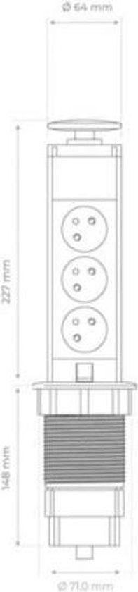 Perel Pop-up socket, 3 prises avec broche de mise à la terre (type E), trou de montage 71 mm, usage intérieur, noir/gris