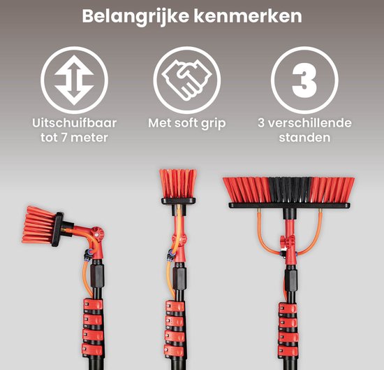 Brosse à laver télescopique Shine / Brosse à eau extensible XXL jusqu'à 7 mètres - Manche télescopique 5 pièces avec distributeur de savon - Ergonomique - Rouge/Noir